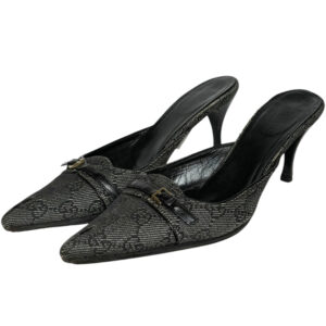 Vintage Gucci Monogram Buckle Mule Heels in Grey - Black / Gold UK 4.5 | NITRYL