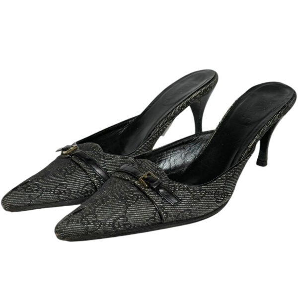 Vintage Gucci Monogram Buckle Mule Heels in Grey - Black / Gold UK 4.5 | NITRYL