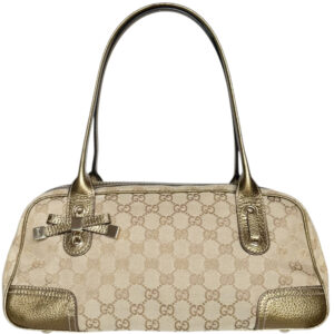 Vintage Gucci Monogram Bow Princy Canvas Shoulder Bag in Beige / Gold | NITRYL