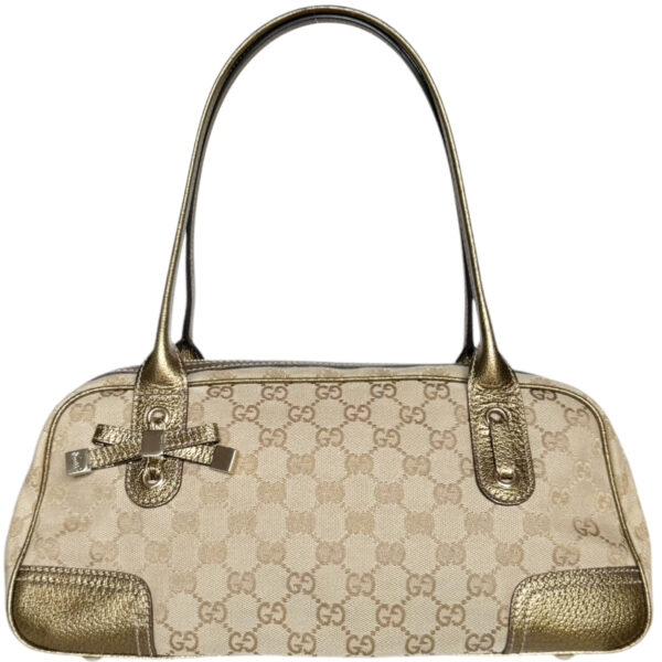 Vintage Gucci Monogram Bow Princy Canvas Shoulder Bag in Beige / Gold | NITRYL