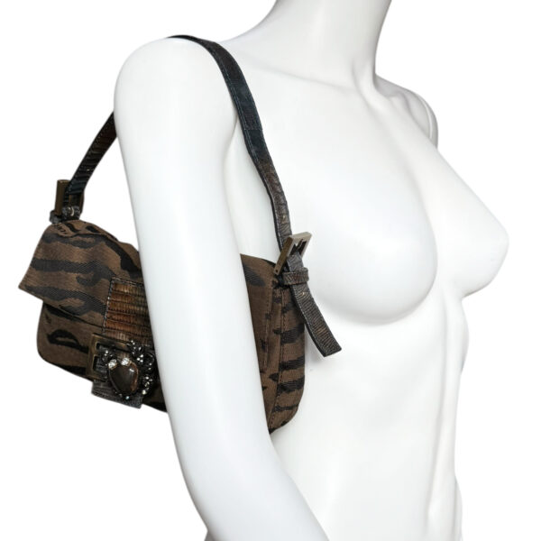 Fendi Zebra Print Decorative Clasp Exotic Detailing Shoulder Baguette Bag in Brown / Iridescent Blue / Gold - Image 9