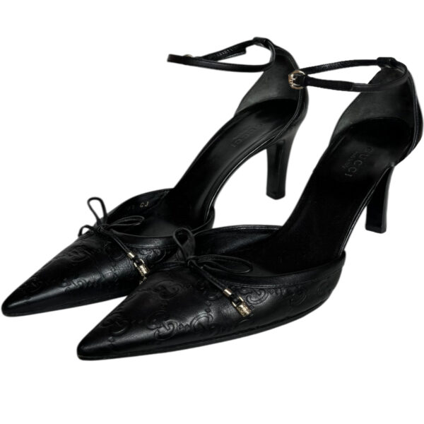 Vintage Gucci Monogram Bow Leather Heels in Black / Gold UK 3.5 | NITRYL