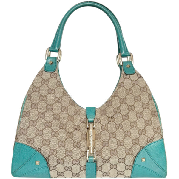 Vintage Gucci Monogram Jackie Shoulder Bag in Beige / Aqua / Gold | NITRYL