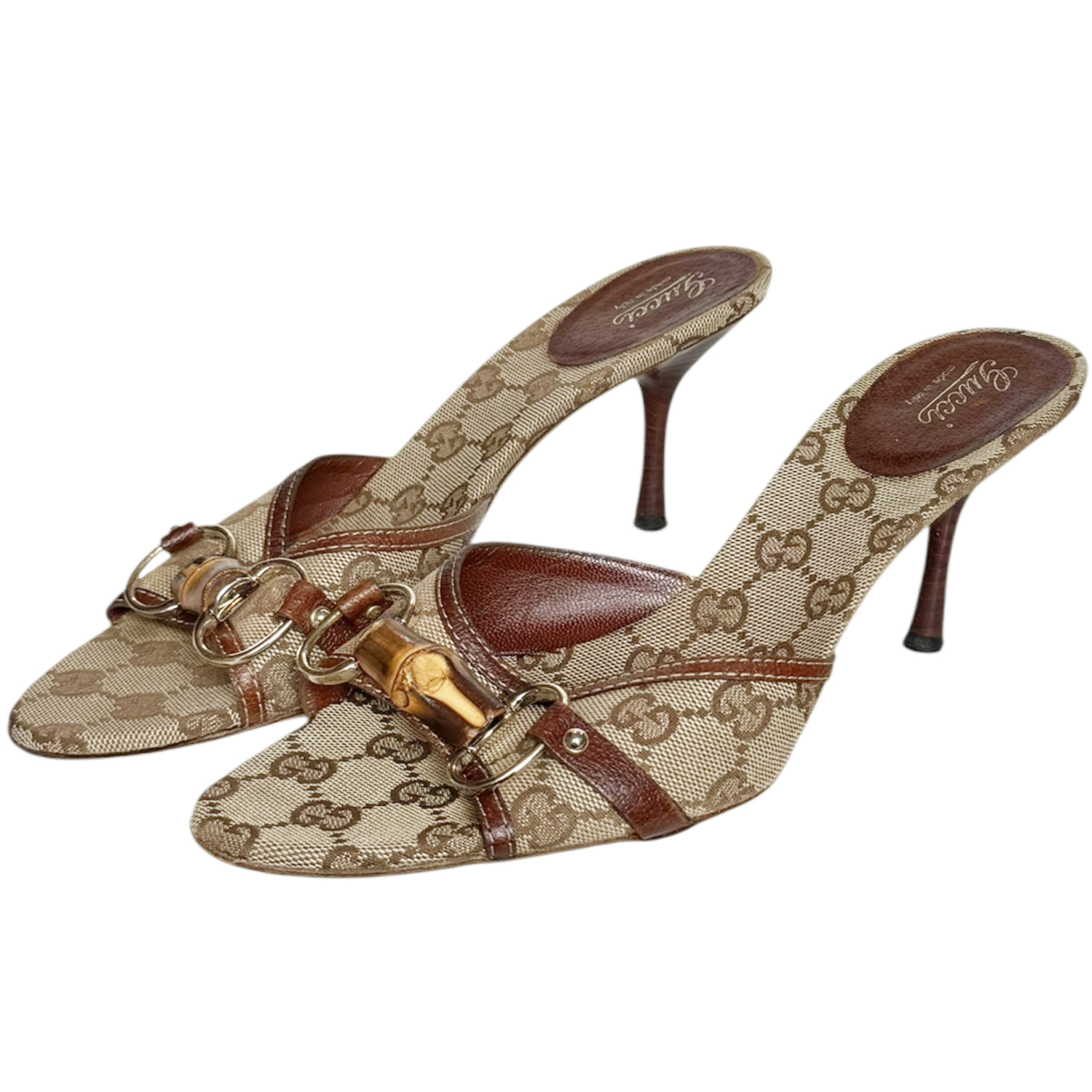 Vintage Gucci Monogram Bamboo Horsebit Heels in Beige / Brown / Gold UK 6 | NITRYL