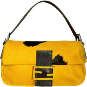 Vintage Fendi Cow Print Calfskin Shoulder Baguette Bag in Mustard Yellow / Brown / Silver | NITRYL