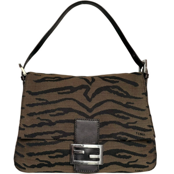 Vintage Fendi Zebra Print Canvas Mamma Shoulder Baguette Bag in Brown / Silver | NITRYL