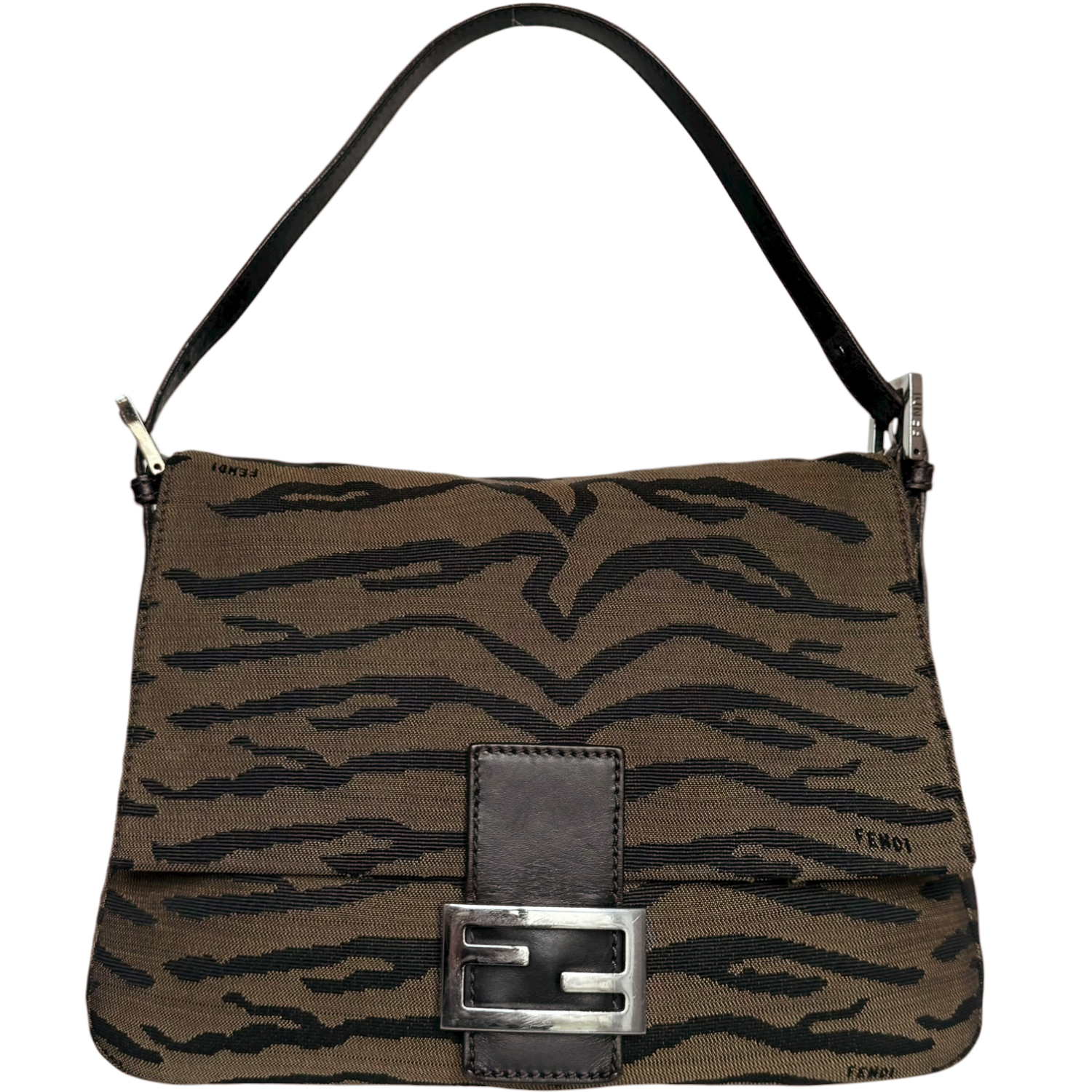 Vintage Fendi Zebra Print Canvas Mamma Shoulder Baguette Bag in Brown / Silver | NITRYL