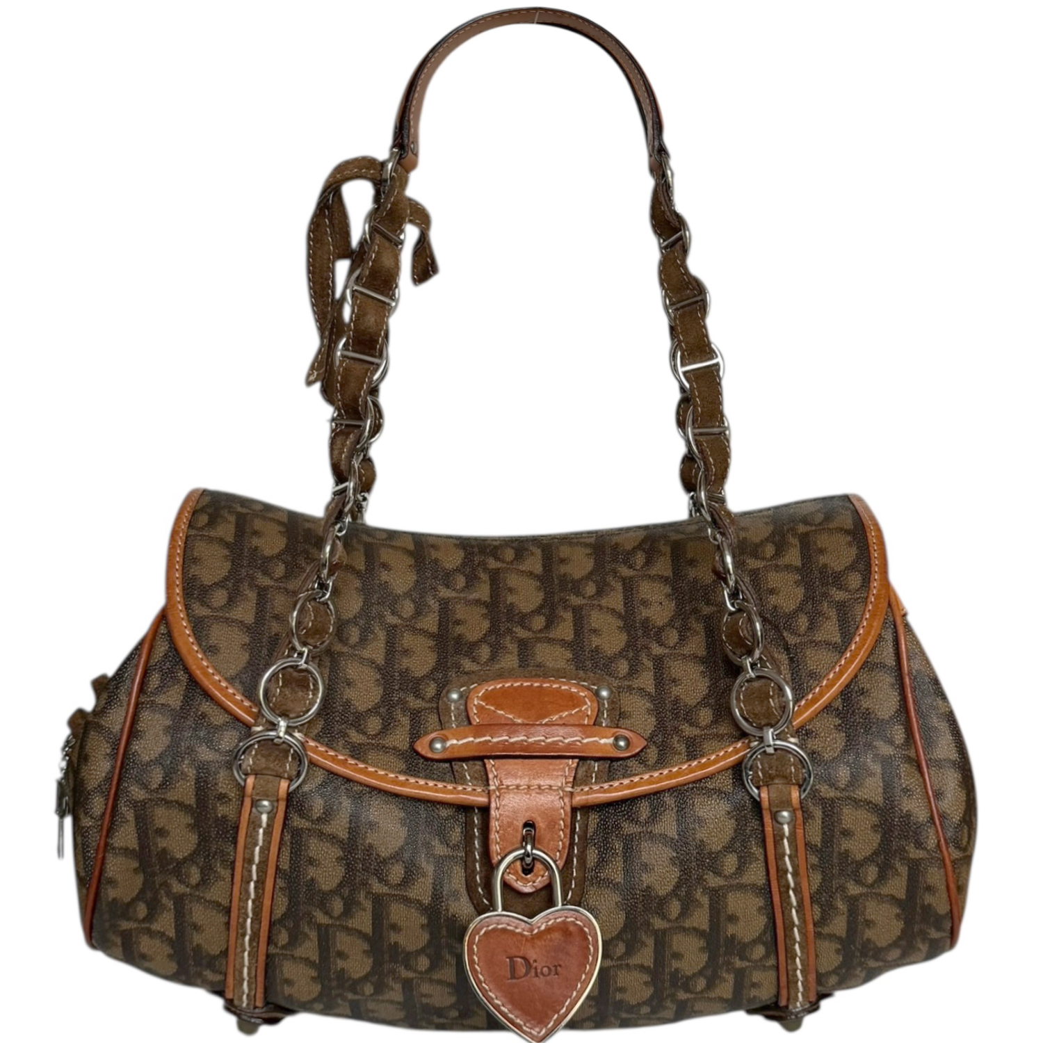 Vintage Dior Monogram Romantic Heart Shoulder Bag in Brown / Tan | NITRYL