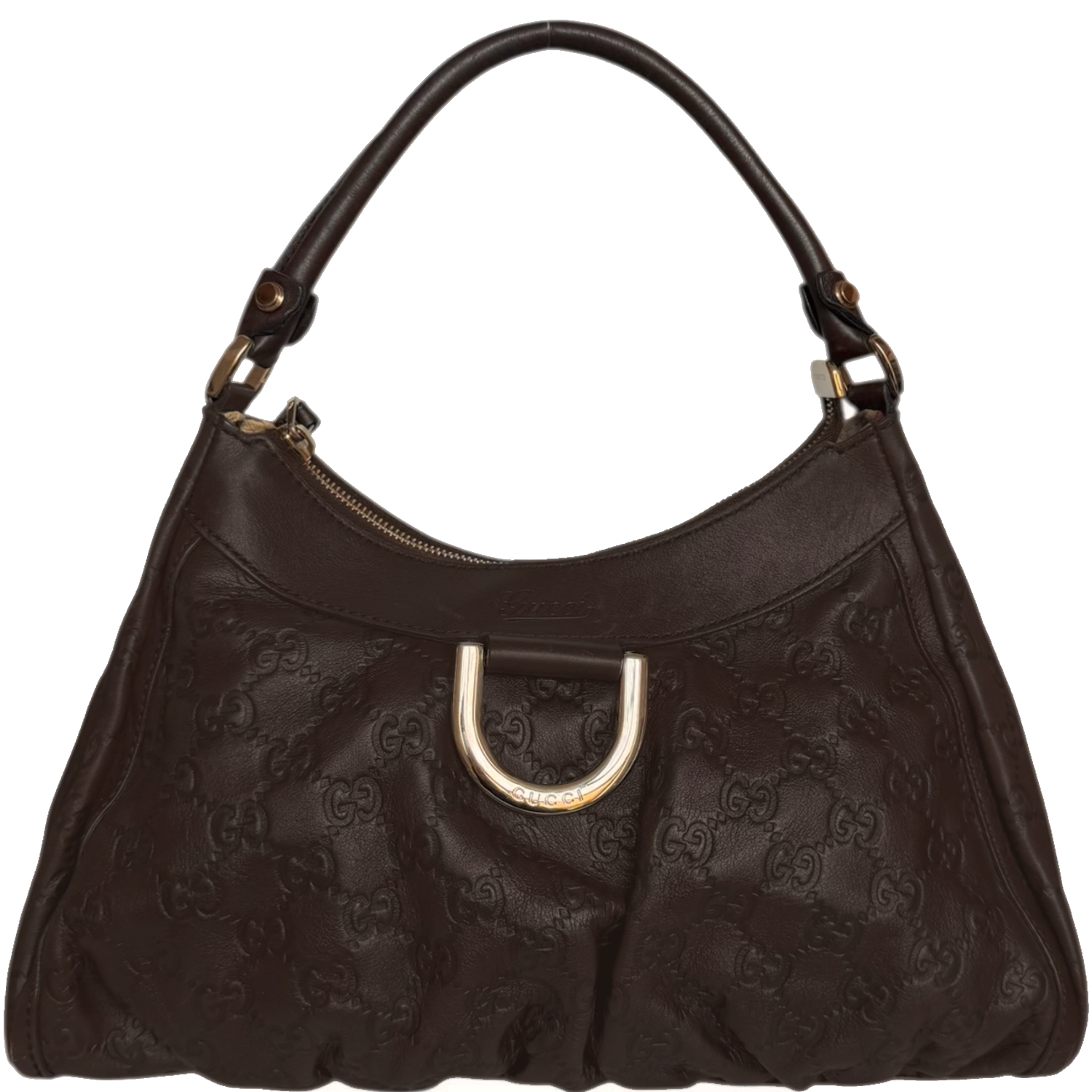 Vintage Gucci Monogram Leather D Ring Hobo Shoulder Bag in Brown / Gold | NITRYL