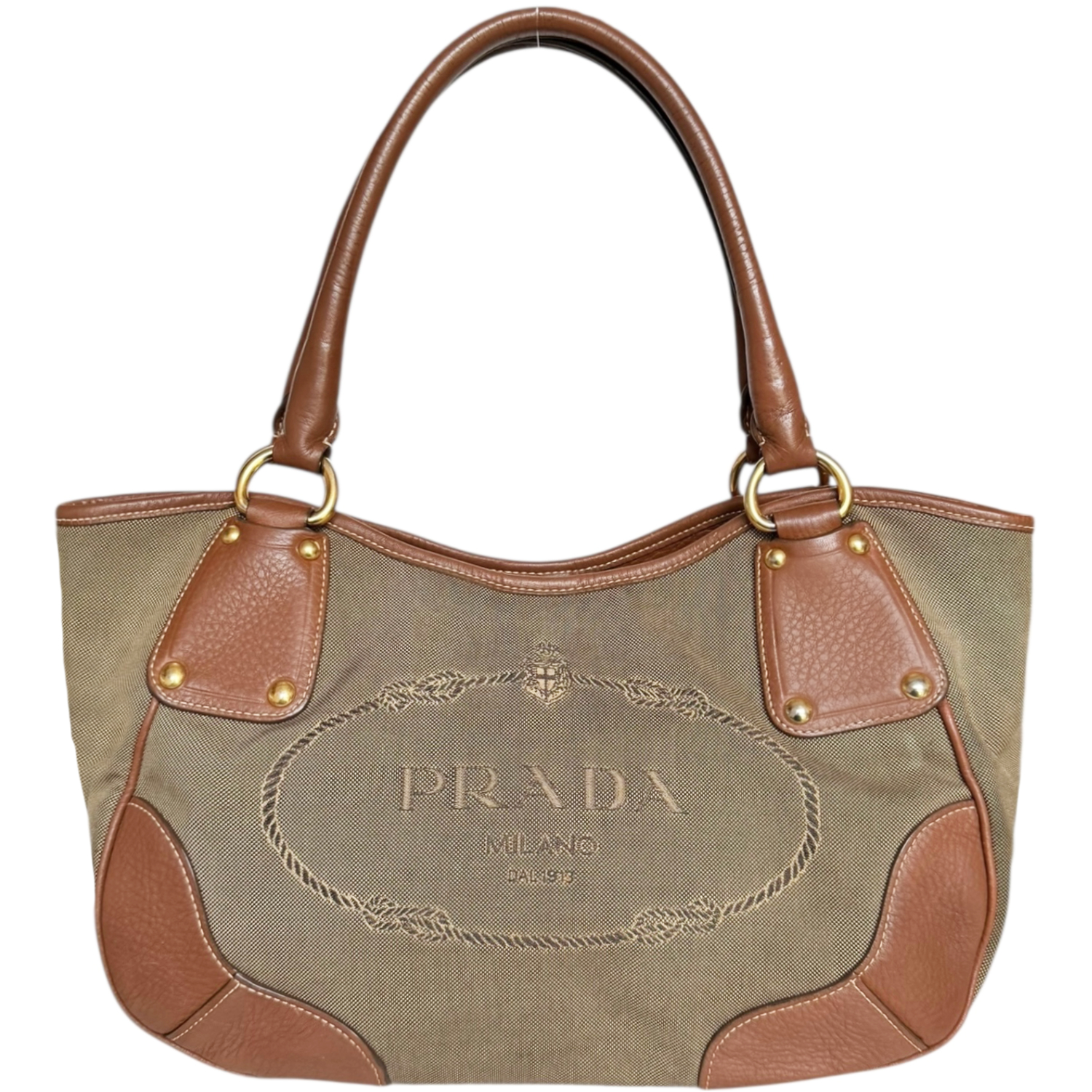 Vintage Prada Logo Canvas Hobo Shoulder Bag in Beige / Tan | NITRYL