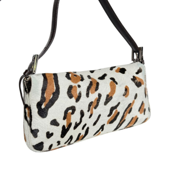 Fendi Snow Leopard Print Calfskin Shoulder Baguette Bag in White / Brown / Black - Image 4