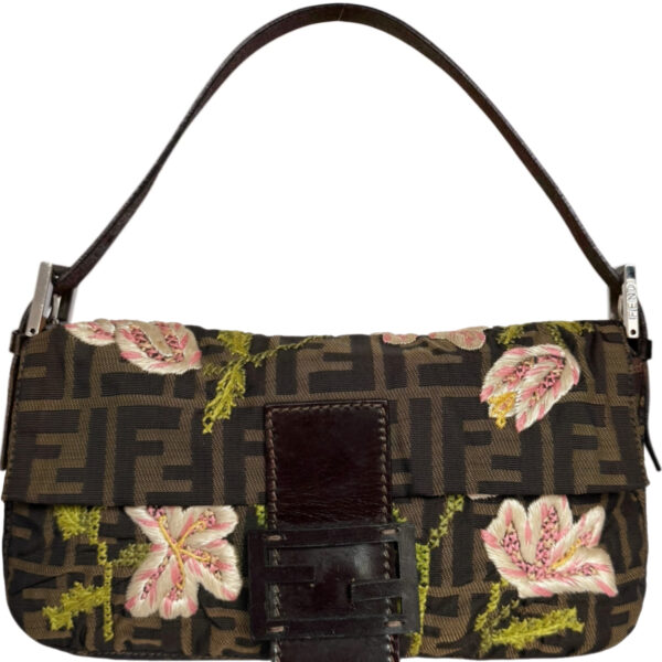 Vintage Fendi Monogram Embroidered Flower Shoulder Baguette Bag in Brown / Pink / Green | NITRYL