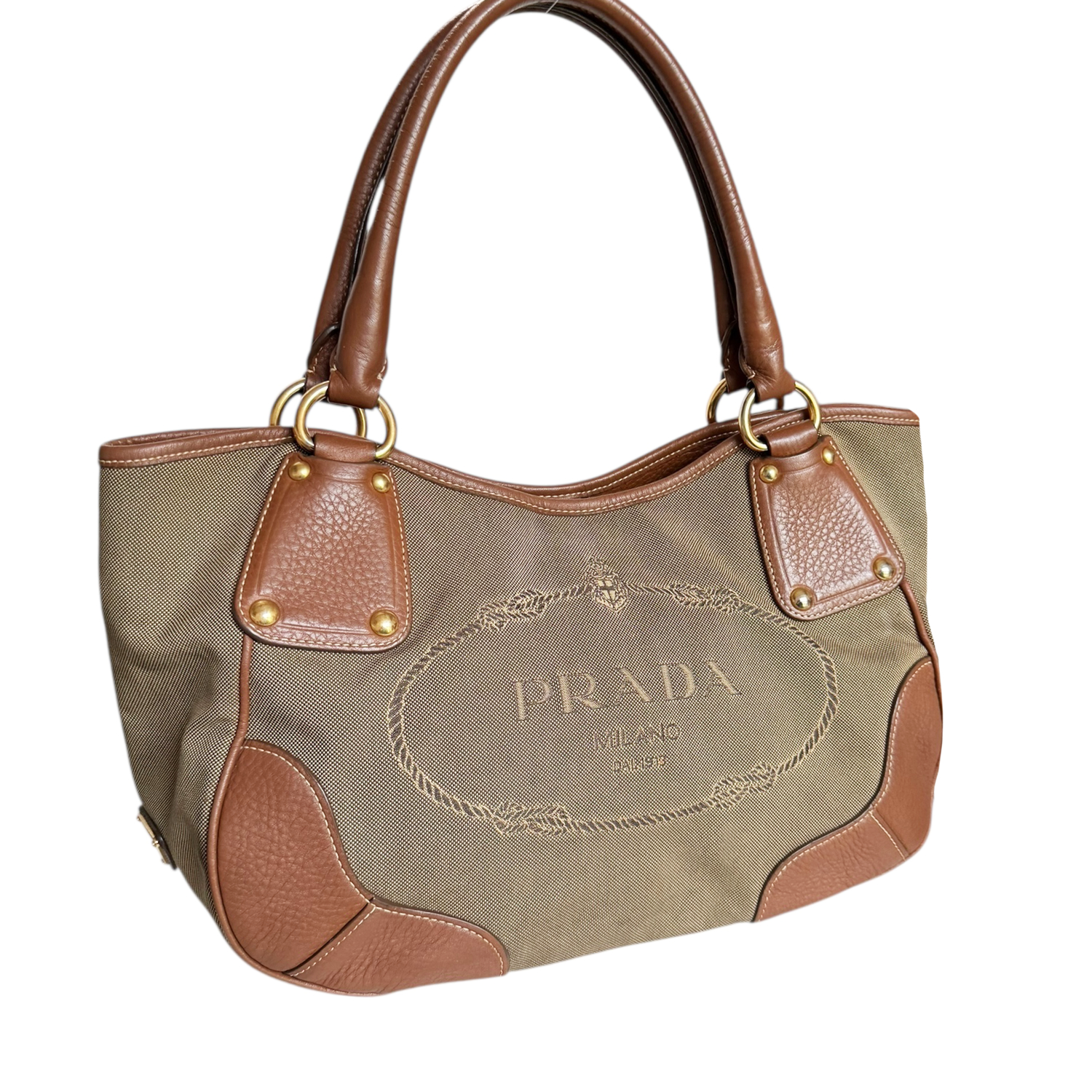 Prada Logo Canvas Hobo Shoulder Bag in Beige / Tan / Gold - Image 2