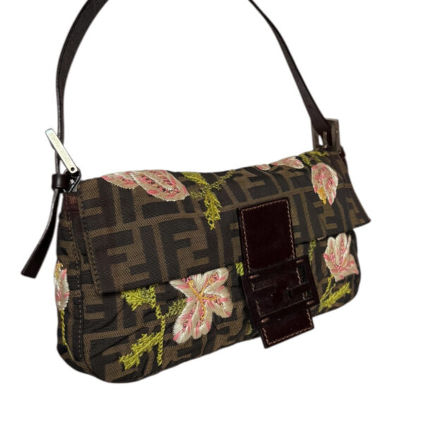 Fendi Monogram Embroidered Flower Shoulder Baguette Bag in Brown / Pink / Green - Image 2
