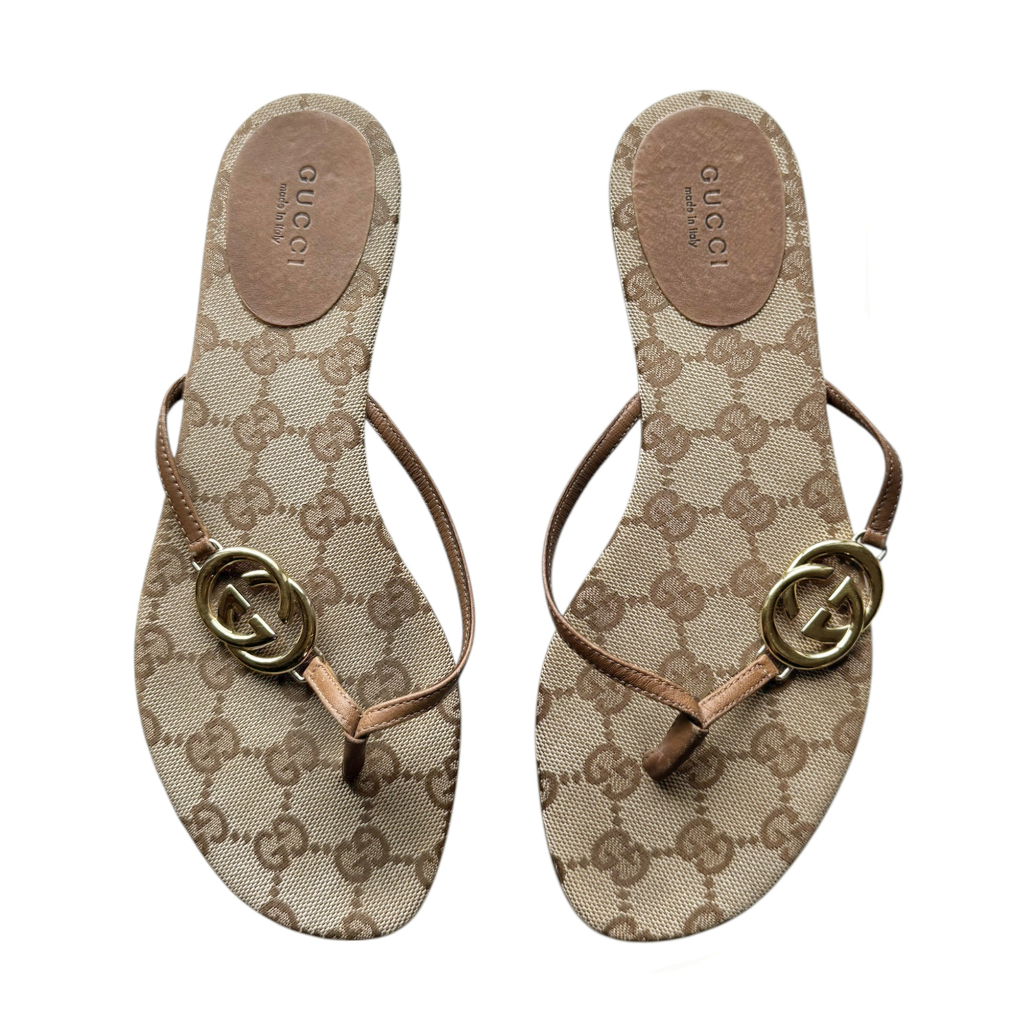 Vintage Gucci GG Logo Monogram Thong Flip Flop Sandals in Beige / Brown / Gold UK 3 | NITRYL