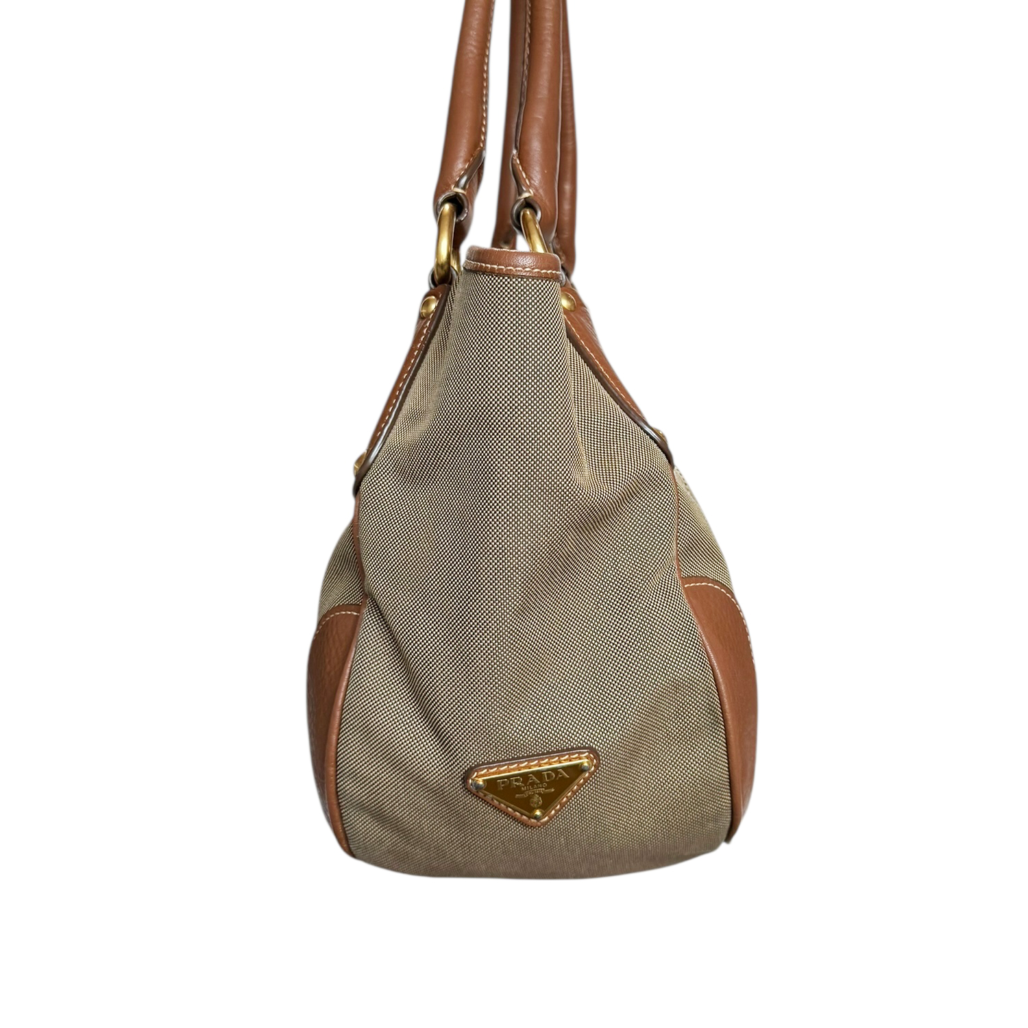 Prada Logo Canvas Hobo Shoulder Bag in Beige / Tan / Gold - Image 3