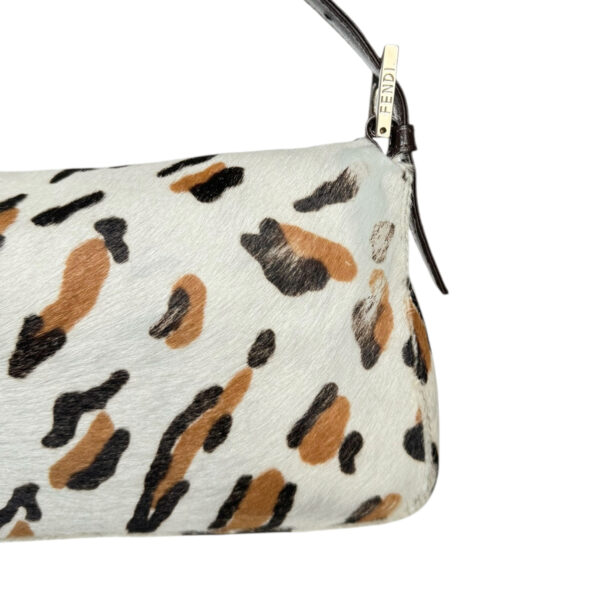 Fendi Snow Leopard Print Calfskin Shoulder Baguette Bag in White / Brown / Black - Image 9