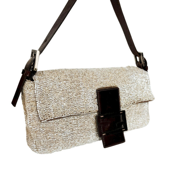 Fendi Beaded Embellished Shoulder Baguette Bag in Beige / Brown - Image 2