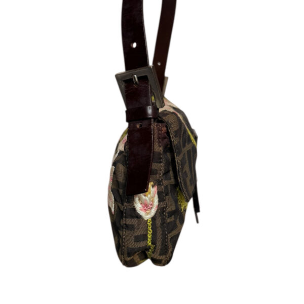 Fendi Monogram Embroidered Flower Shoulder Baguette Bag in Brown / Pink / Green - Image 3