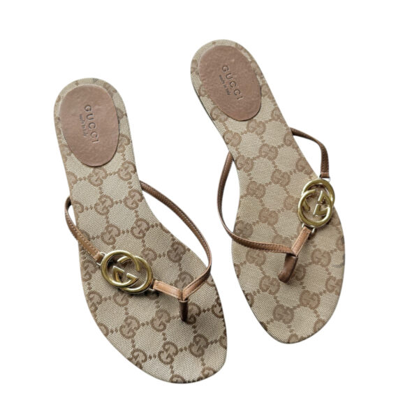Gucci GG Logo Monogram Thong Flip Flop Sandals in Beige / Brown / Gold UK 3.5 - Image 2