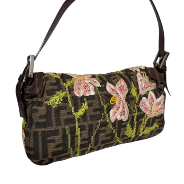 Fendi Monogram Embroidered Flower Shoulder Baguette Bag in Brown / Pink / Green - Image 4