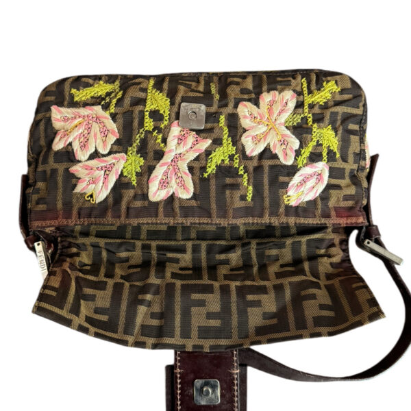 Fendi Monogram Embroidered Flower Shoulder Baguette Bag in Brown / Pink / Green - Image 6