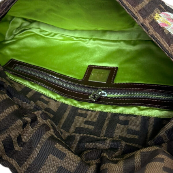 Fendi Monogram Embroidered Flower Shoulder Baguette Bag in Brown / Pink / Green - Image 7