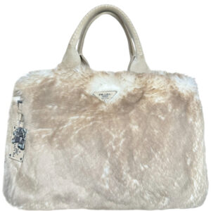 Vintage Prada Fur Logo Canapa Tote Bag in Cream / Beige / Silver | NITRYL