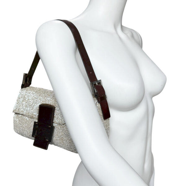Fendi Beaded Embellished Shoulder Baguette Bag in Beige / Brown - Image 11