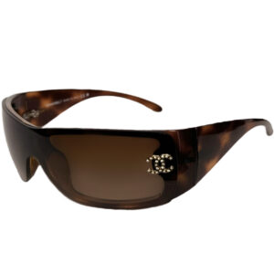 Vintage Chanel Diamante Logo Wraparound Tortoiseshell Sunglasses in Brown / Gold | NITRYL