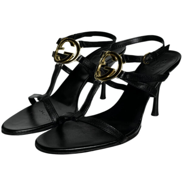 Vintage Gucci GG Logo Strappy Heels in Black / Gold UK 4 | NITRYL