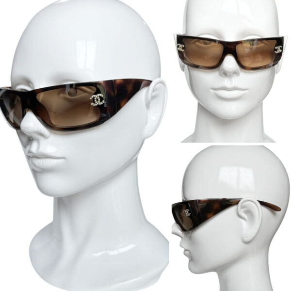 Chanel Diamante Logo Wraparound Tortoiseshell Sunglasses in Brown / Gold - Image 4