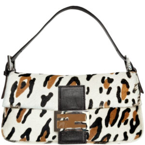 Vintage Fendi Snow Leopard Print Calfskin Shoulder Baguette Bag in White / Brown / Black | NITRYL