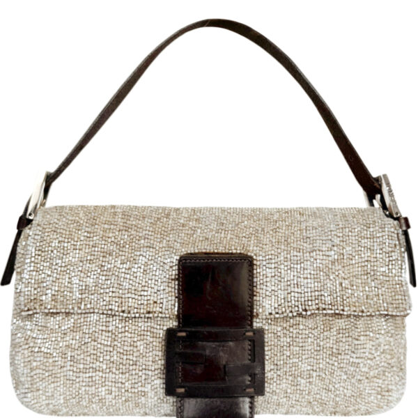 Vintage Fendi Beaded Embellished Shoulder Baguette Bag in Beige / Brown | NITRYL