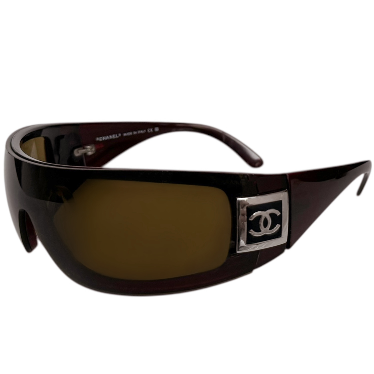 Vintage Chanel Logo Wraparound Sunglasses in Brown - Maroon / Silver | NITRYL