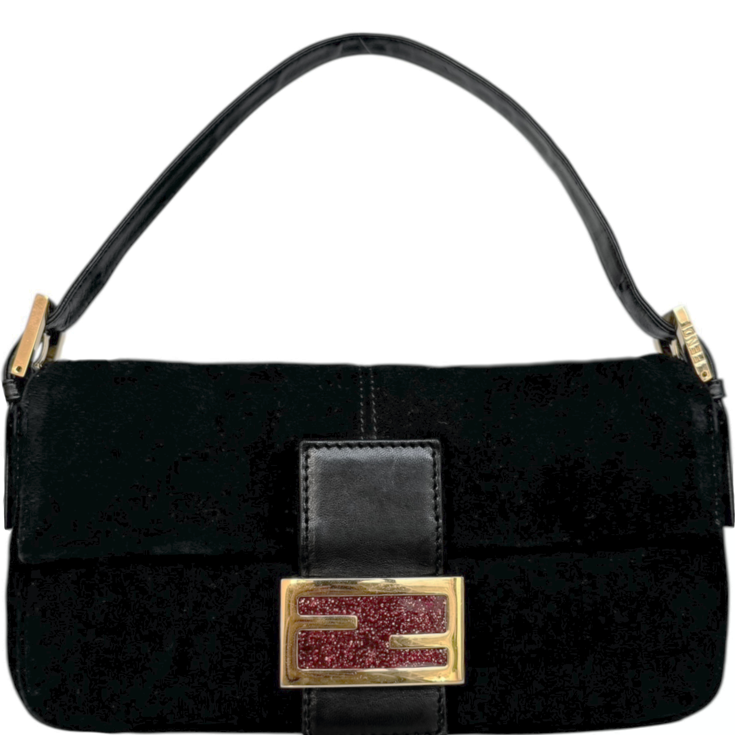 Vintage Fendi Suede Glitter Clasp Shoulder Baguette Bag in Black / Red / Gold | NITRYL