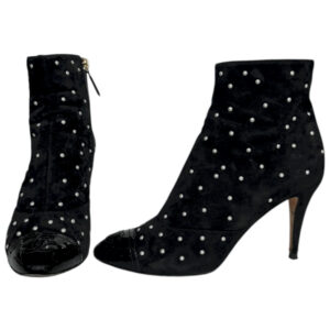 Vintage Chanel Logo Polka Dot Pearl Heeled Boots in Black UK 4.5 | NITRYL