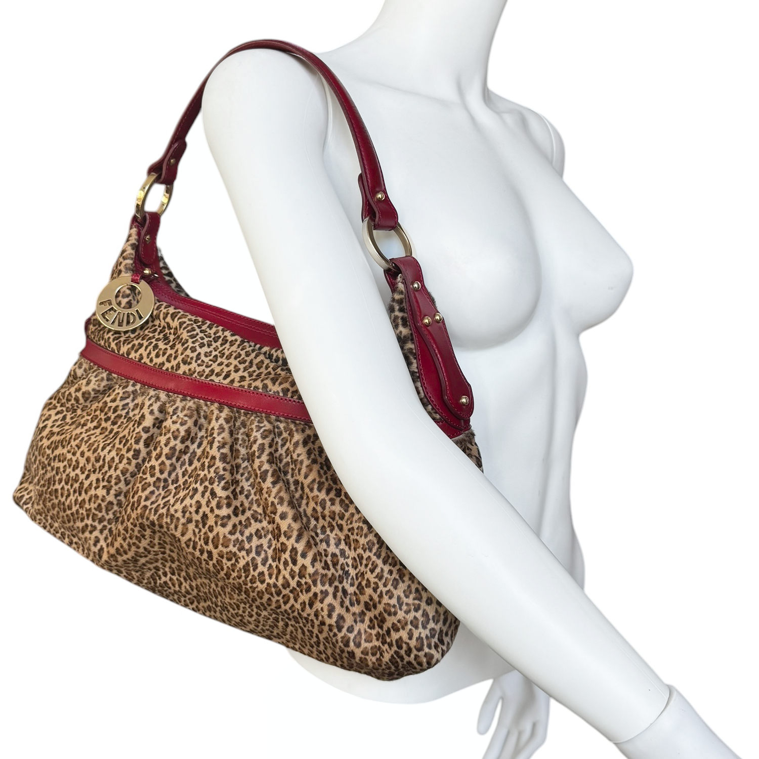 Fendi Leopard Print Calfskin Chef Shoulder Bag in Brown / Red / Gold - Image 9
