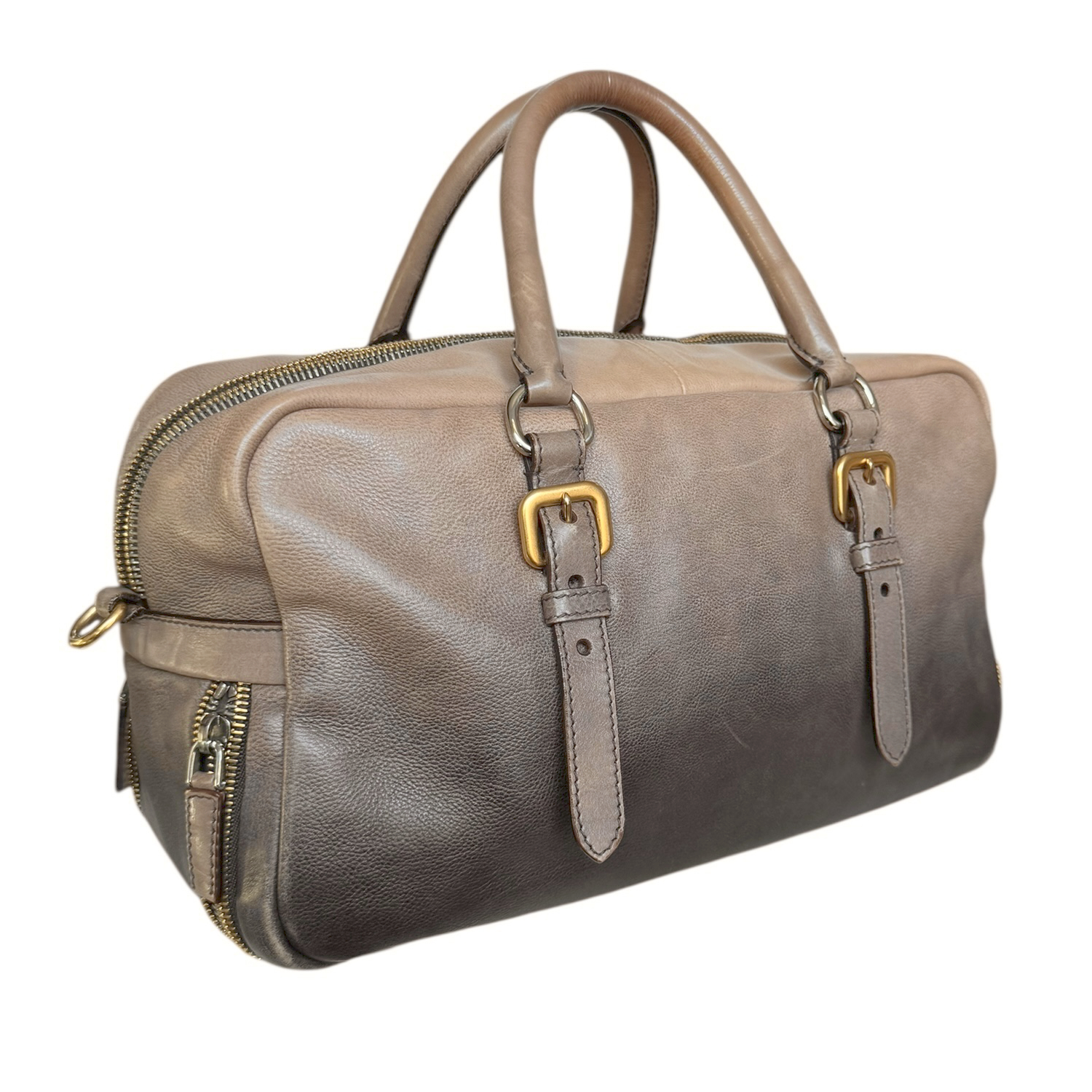 Prada Ombre 2- Way Zip Leather Boston Bag in Brown / Gold - Image 4