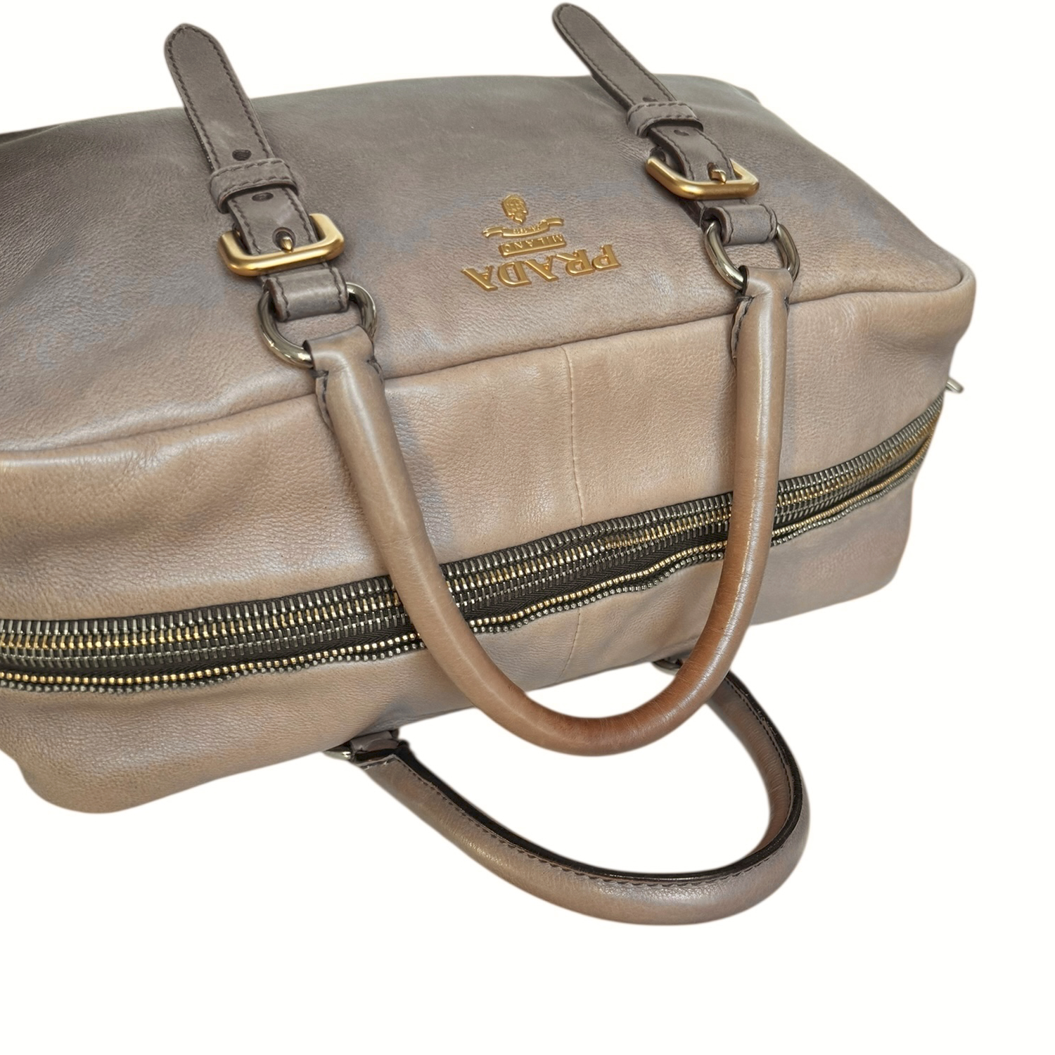 Prada Ombre 2- Way Zip Leather Boston Bag in Brown / Gold - Image 6