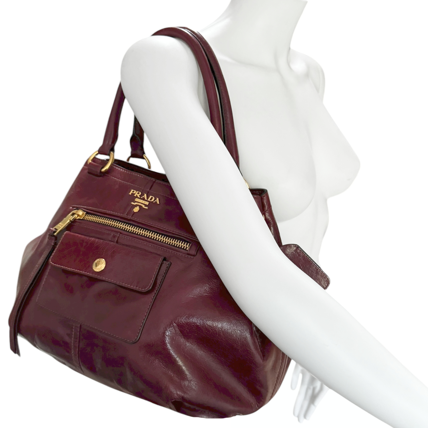 Prada Logo Hobo Shoulder Bag in Maroon Red / Gold - Image 8