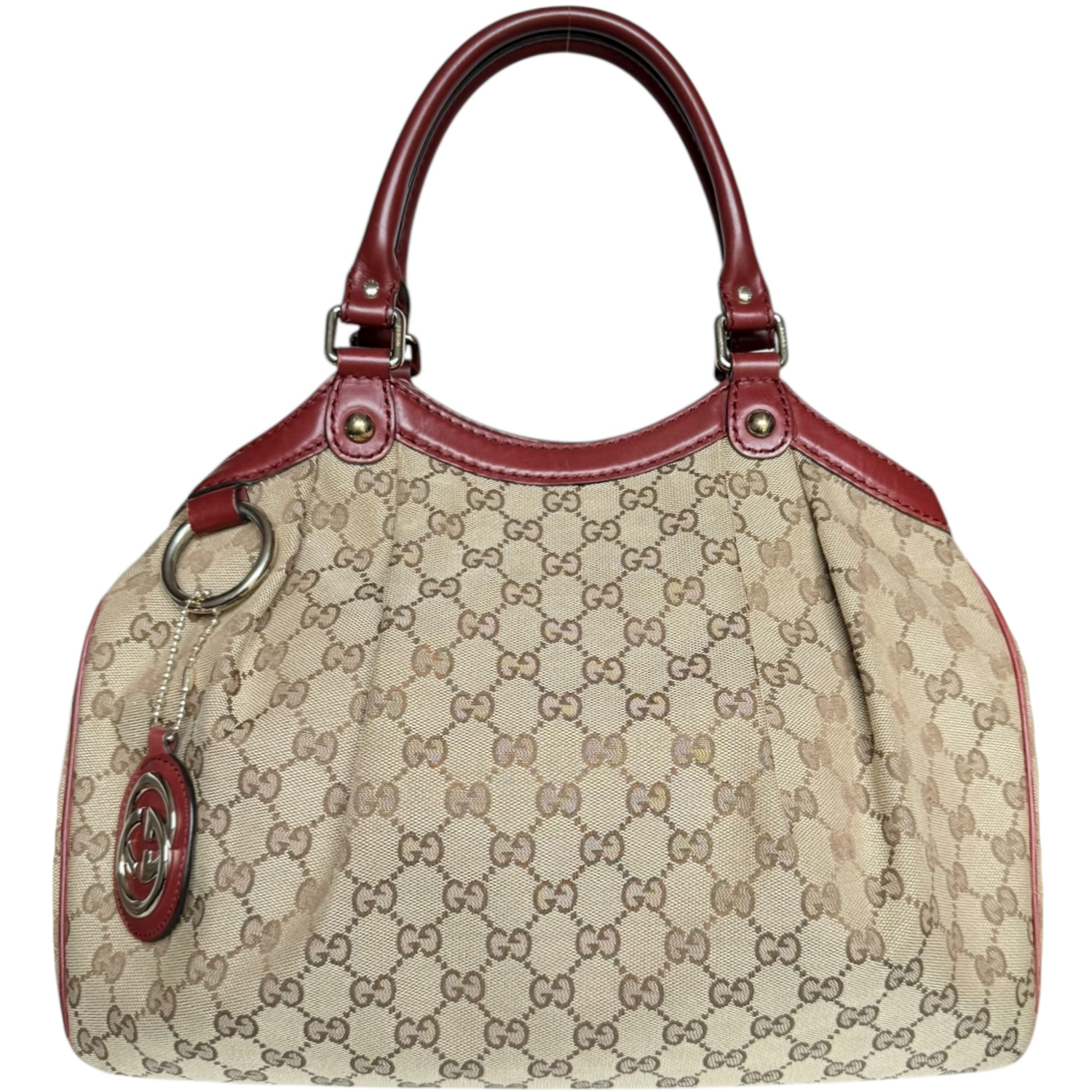 Vintage Gucci Monogram Sukey Hobo Shoulder Bag in Beige / Maroon Red / Gold | NITRYL