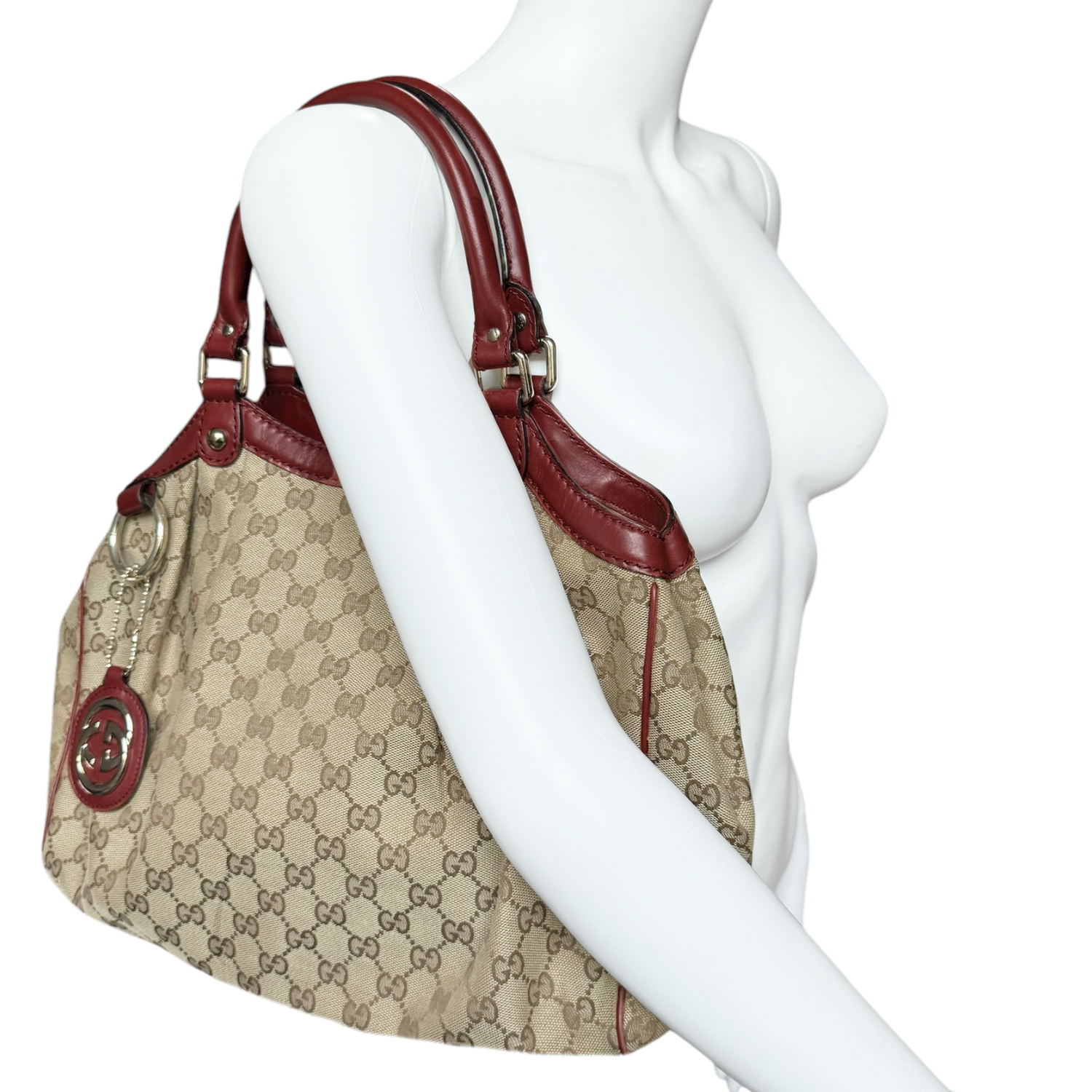 Gucci Monogram Sukey Hobo Shoulder Bag in Beige / Maroon Red / Gold - Image 8