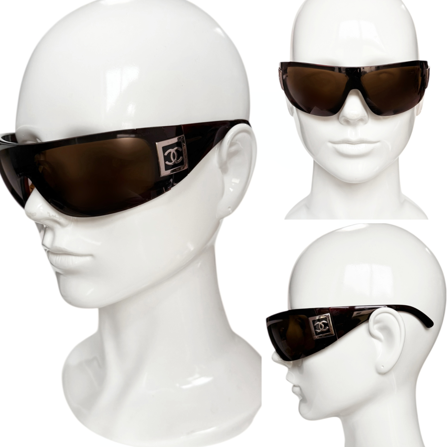 Chanel Logo Wraparound Sunglasses in Brown - Maroon / Silver - Image 4