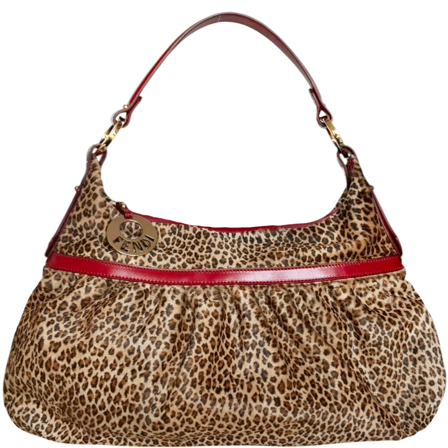 Vintage Fendi Leopard Print Calfskin Chef Shoulder Bag in Brown / Red / Gold | NITRYL
