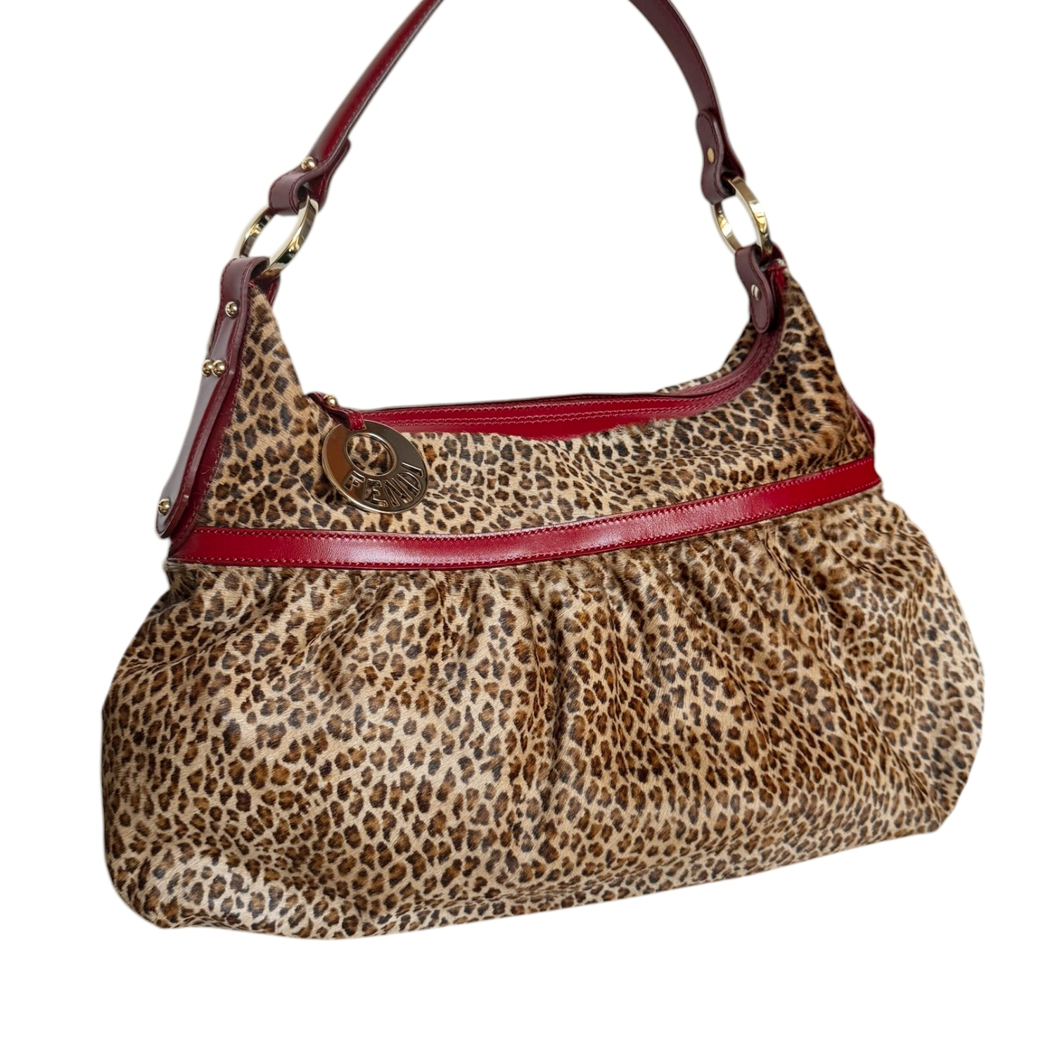 Fendi Leopard Print Calfskin Chef Shoulder Bag in Brown / Red / Gold - Image 2