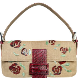 Vintage Fendi Linen Stone Floral Shoulder Baguette Bag in Beige with Red Exotic Detailing | NITRYL