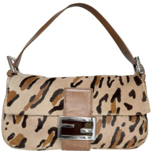 Vintage Fendi Leopard Print Calfskin Shoulder Baguette Bag in Brown / Tan | NITRYL