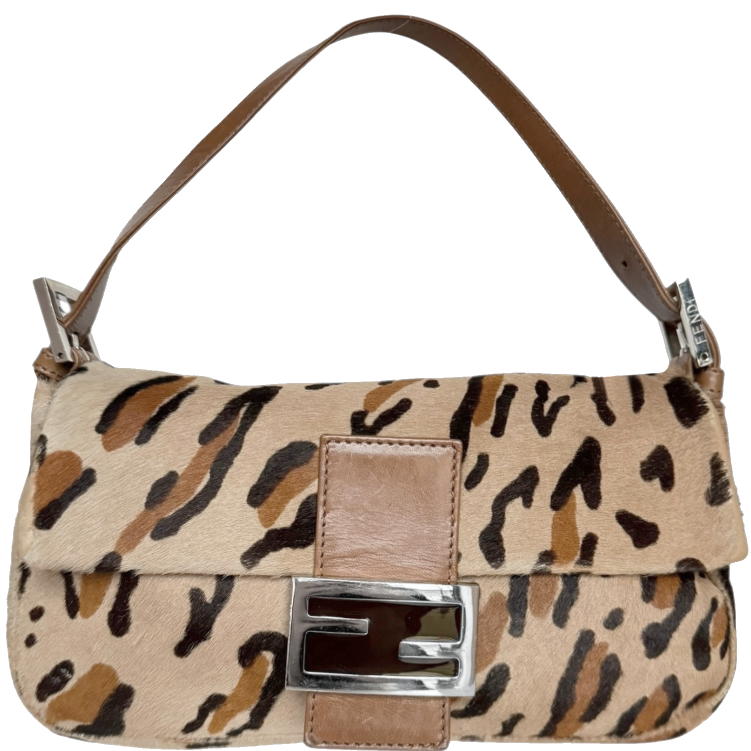 Vintage Fendi Leopard Print Calfskin Shoulder Baguette Bag in Brown / Tan | NITRYL