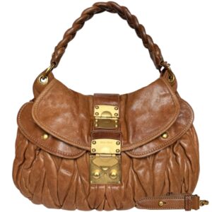 Vintage Miu Miu Matelasse Coffer Leather Hobo Shoulder Bag in Tan / Gold | NITRYL